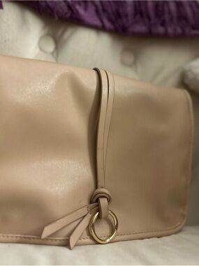Neutral Beige Smooth Leather Cosmetic Pouch with Gold Ring Accent